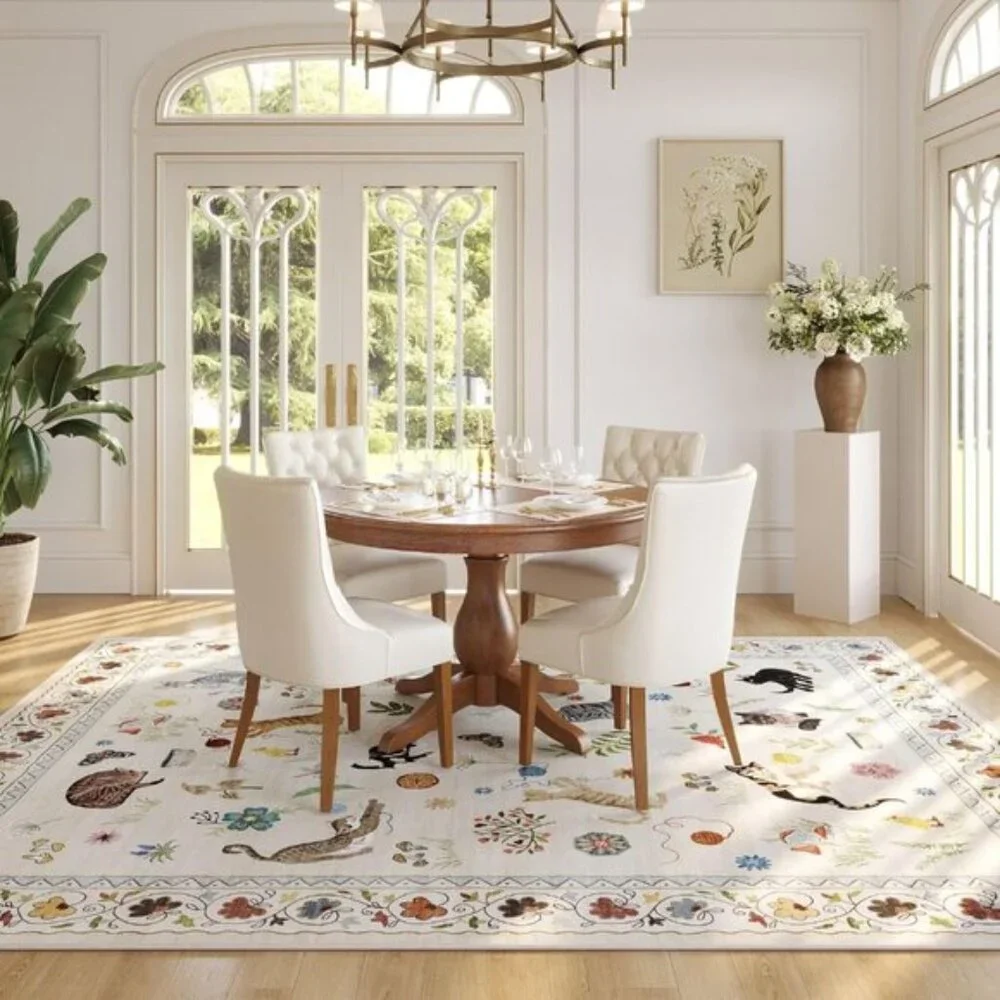 New 5x7 Living Room Rug – Washable Boho Floral Cat Area Rug, Non-Slip